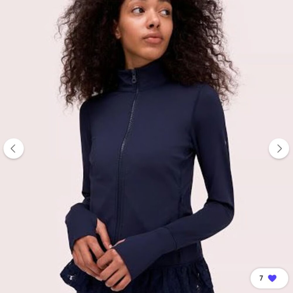 KATE SPADE ♠️ Full Zip Jacket Pockets Long Sleeve Lace Ruffle Hem Blue Small